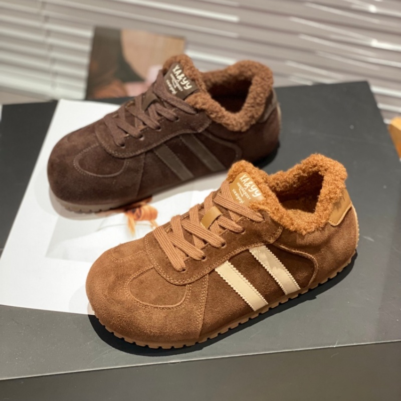 复古德训鞋女2025冬季新款加绒保暖棉鞋羊羔毛反绒皮拼色毛毛鞋女