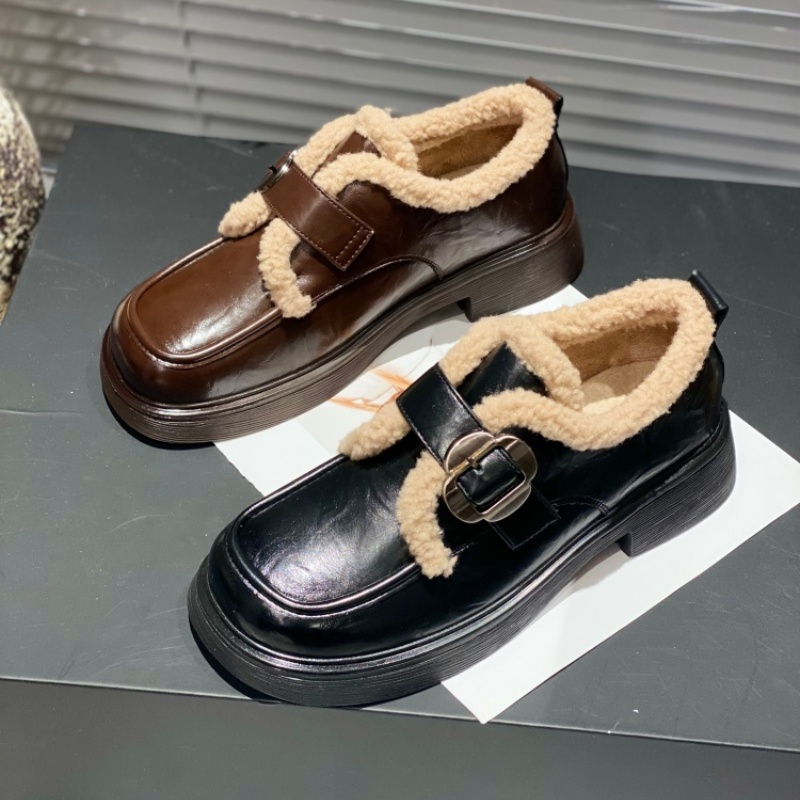 加绒乐福鞋女2025冬季厚底防滑圆头皮鞋复古休闲鞋英伦风保暖棉鞋