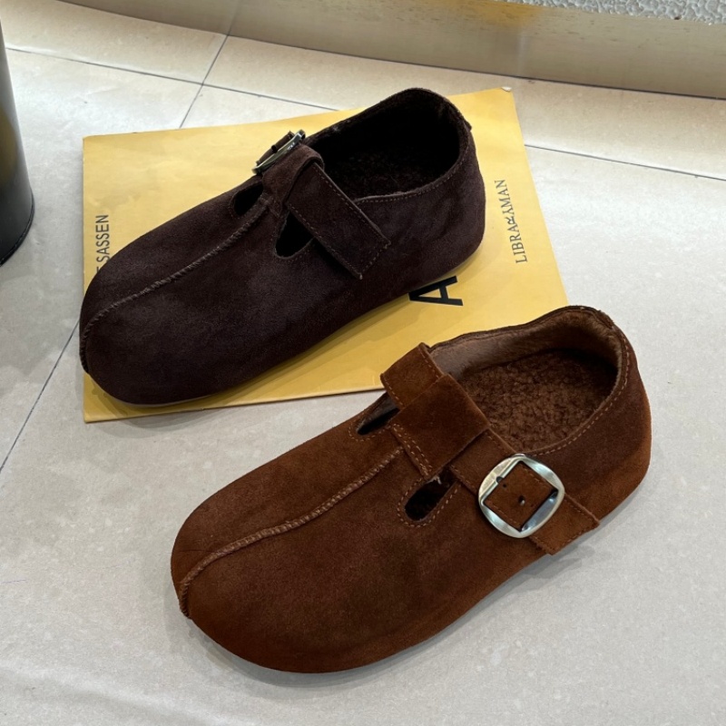 反绒皮勃肯鞋女2025冬季新款皮带扣一脚蹬复古休闲加绒保暖棉鞋女