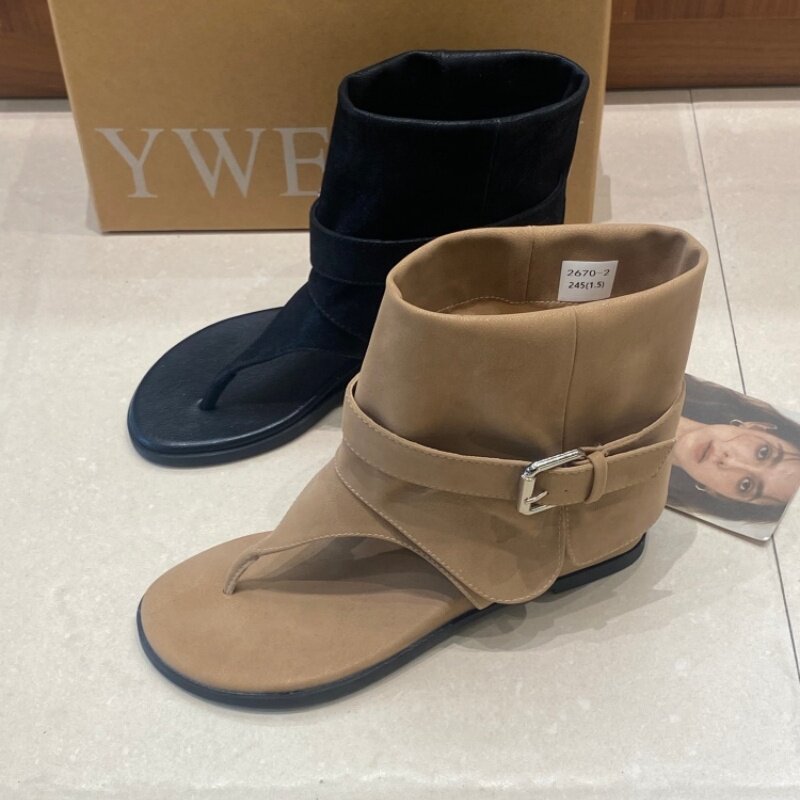 小众夹趾粗跟方头显瘦女凉靴