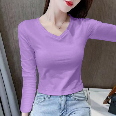 100%纯棉v领长袖T恤女春秋季新款洋气百搭休闲小个子短款打底上衣