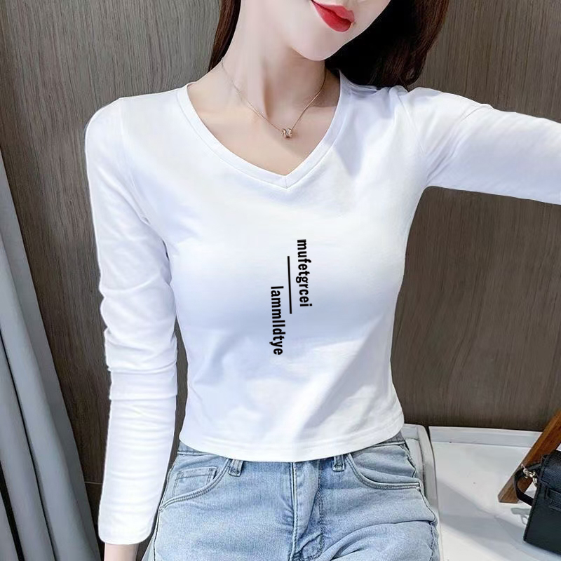 100%纯棉v领长袖T恤女春秋季新款韩版百搭宽松显瘦打底衫休闲上衣