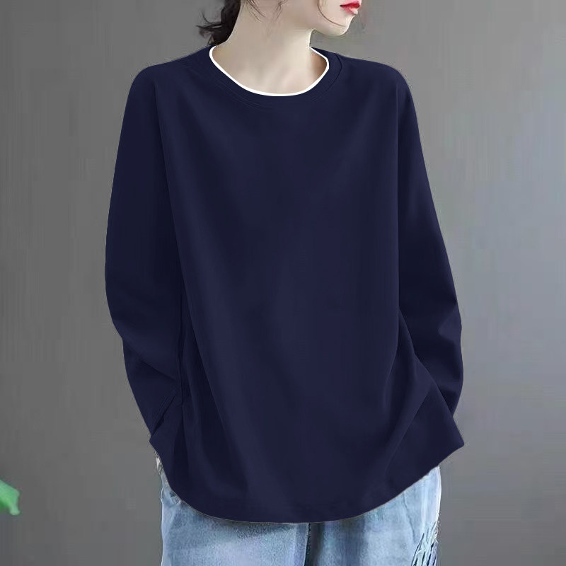 春秋季大码长袖t恤女2025新款韩版宽松时尚洋气百搭圆领纯色上衣