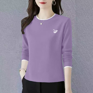 时尚 纯棉圆领拼色长袖 韩版 新款 宽松休闲遮肉百搭上衣 T恤女春秋季