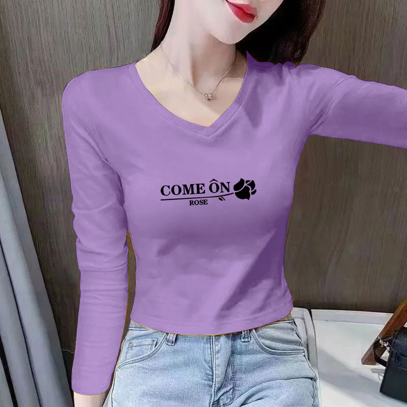 100%纯棉v领长袖T恤女春秋季新款洋气百搭宽松显瘦打底衫休闲上衣