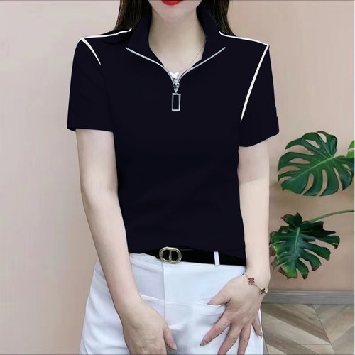 纯棉翻领短袖t恤女2025夏季新款时尚百搭修身洋气半拉链大码上衣