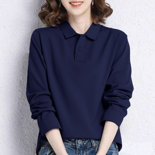 纯棉大码polo衫长袖t恤女2025春秋新款洋气宽松显瘦减龄翻领上衣