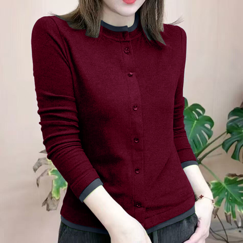 双面绒拼接纽扣长袖T恤女秋冬