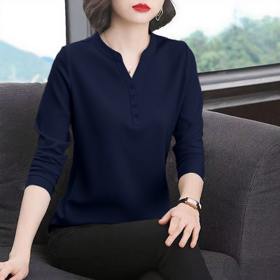 纯棉t恤女长袖春秋2025新款韩版时尚百搭宽松打底减龄纽扣v领上衣