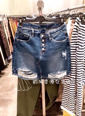 特价意大利品牌jinda撕破感设计系扣牛仔半裙百搭春夏女装现货