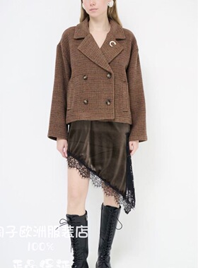 意大利品牌kikisix正品时尚徽章装饰毛呢西装领外套上衣2025秋冬