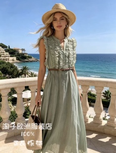 意大利品牌michelle配腰带木耳边装饰系扣连衣裙2026春夏女装
