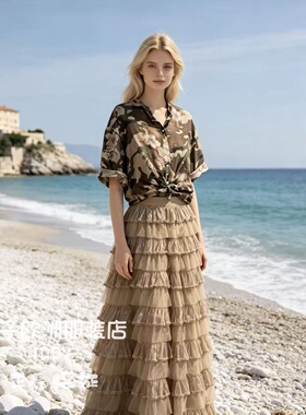 意大利品牌much money正品迷彩衬衫上衣～松紧腰半身裙2026春夏女