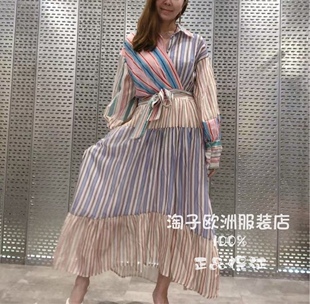 意大利品牌michelle正品拼色条纹系带长袖衬衫连衣裙2026春夏女装