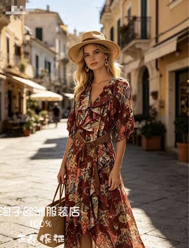 意大利品牌blu royal正品荷叶边饰配腰带复古印花连衣裙2026春夏
