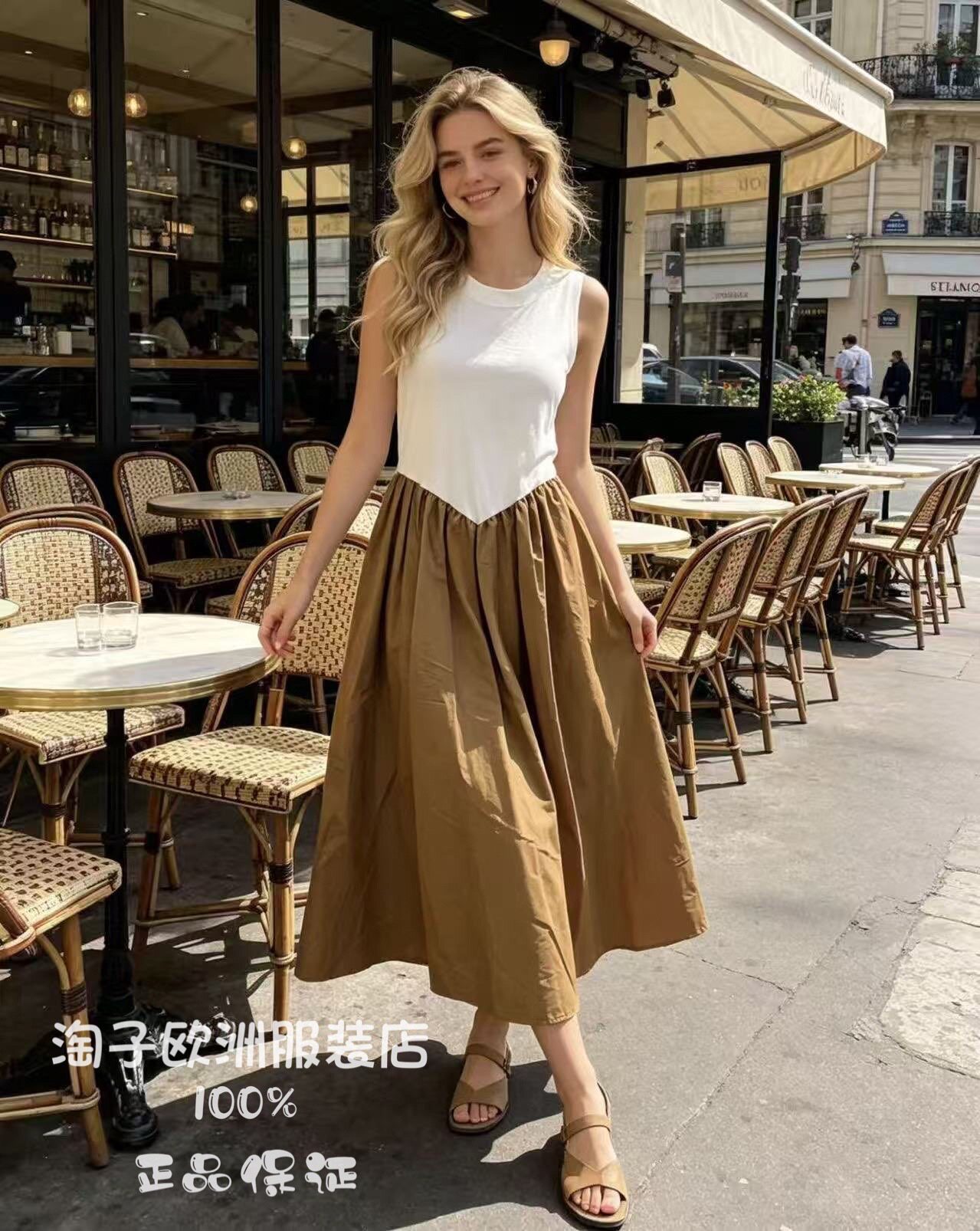 意大利品牌motel正品时尚拼色圆领百褶下摆无袖连衣裙2026春夏女