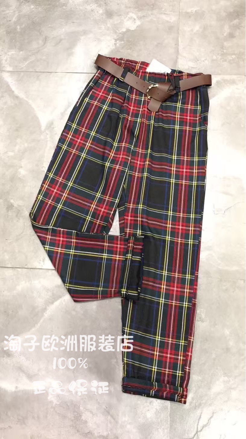 意大利品牌michelle正品时尚配腰带复古格子小脚休闲裤2025秋冬女