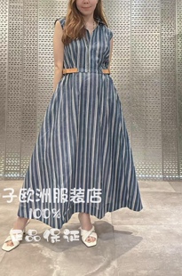 意大利品牌full time正品侧系带拼色条纹翻领无袖连衣裙2026春夏