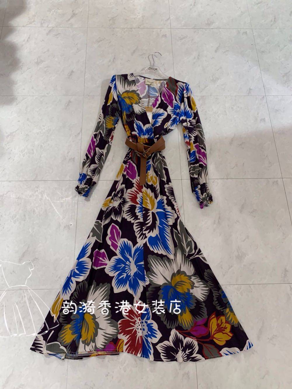 特价意大利品牌Dixie正品配腰带植物印花长款连衣裙春夏女装现货