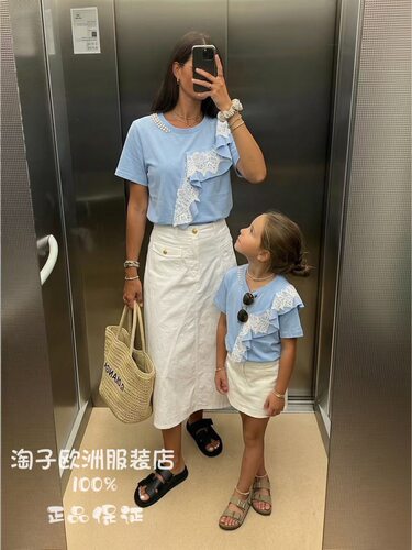 法国品牌Les babies正品花边钉珠装饰圆领短袖T恤上衣2026春夏女
