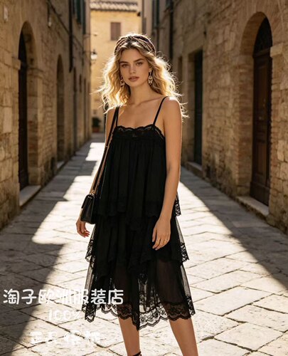 意大利品牌Saiph正品层层蛋糕下摆花边装饰吊带连衣裙2026春夏女