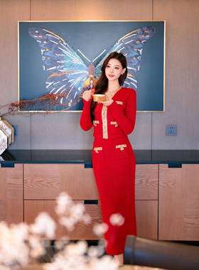 SP原小香风2025春新款红色V领针织开衫外套半裙名媛