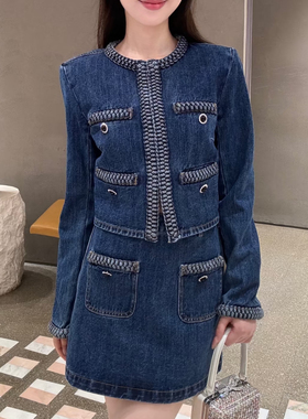 SP纯原2025秋冬新款蓝色圆领编织牛仔外套上衣小香风短款百搭休闲