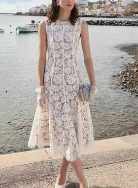 SP纯原2025春夏新款白色小香风蕾丝无袖连衣裙女中长款礼服裙气质