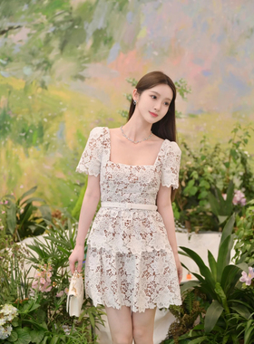SP原2024春夏白色水溶蕾丝方领短袖蛋糕收腰连衣裙短裙气质甜美风