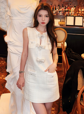 SP纯原2025春夏新款小香风白色蝴蝶钻饰粗花呢无袖背心连衣裙短裙