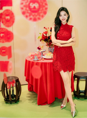 SP原2024春新中式红色钻饰修身蕾丝无袖旗袍连衣裙新年圣诞婚礼裙