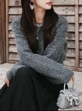 SP纯原2026春新款灰色彩钻羊毛混纺长款针织外套配腰带上衣小香风