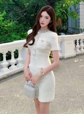 SP纯原2025秋冬新款白色圆领钻饰针织连衣裙小香风短裙生日裙子女