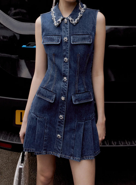 SP纯原2025春夏新款牛仔蓝色手工钻饰翻领无袖背心连衣裙小洋装女