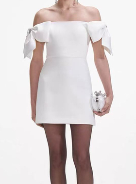 SP纯原2025春夏新款白色设计感蝴蝶结一字领短款连衣裙女气质高级