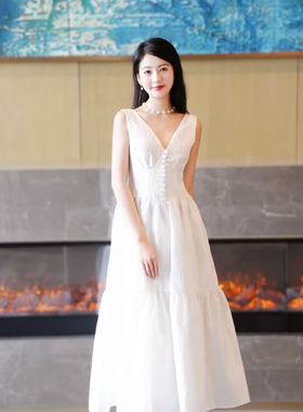 SP纯原2025春夏新款白色塔夫绸V领收腰长款背心连衣裙女长裙气质