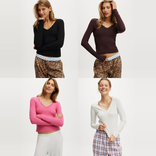 澳洲cotton 超软糯粘纤混纺品质弹力华夫格 蕾丝拼接长袖上衣30$