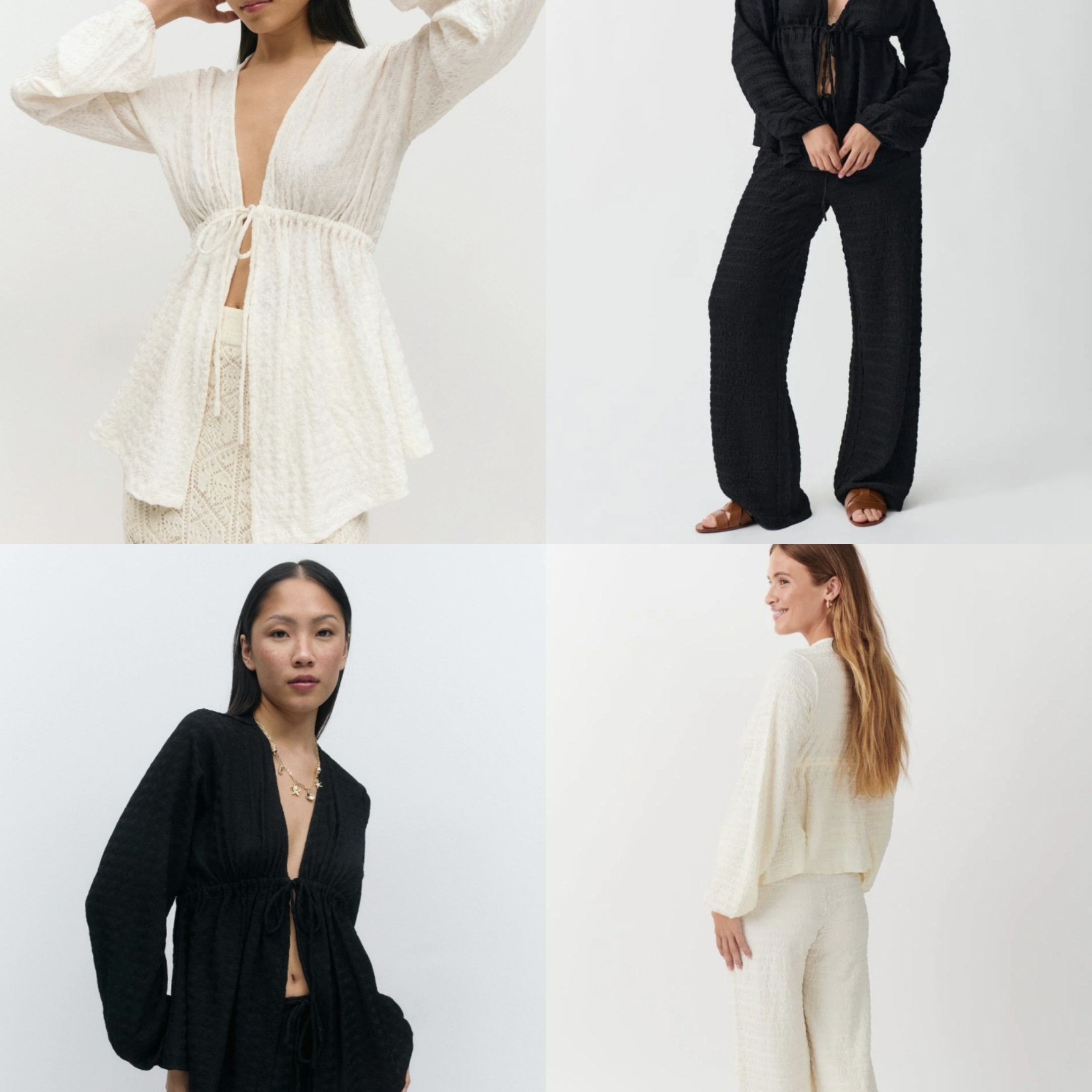 ginatricot  轻柔纹理感 缩褶绑带长袖上衣+抽绳弹力长裤可配套装