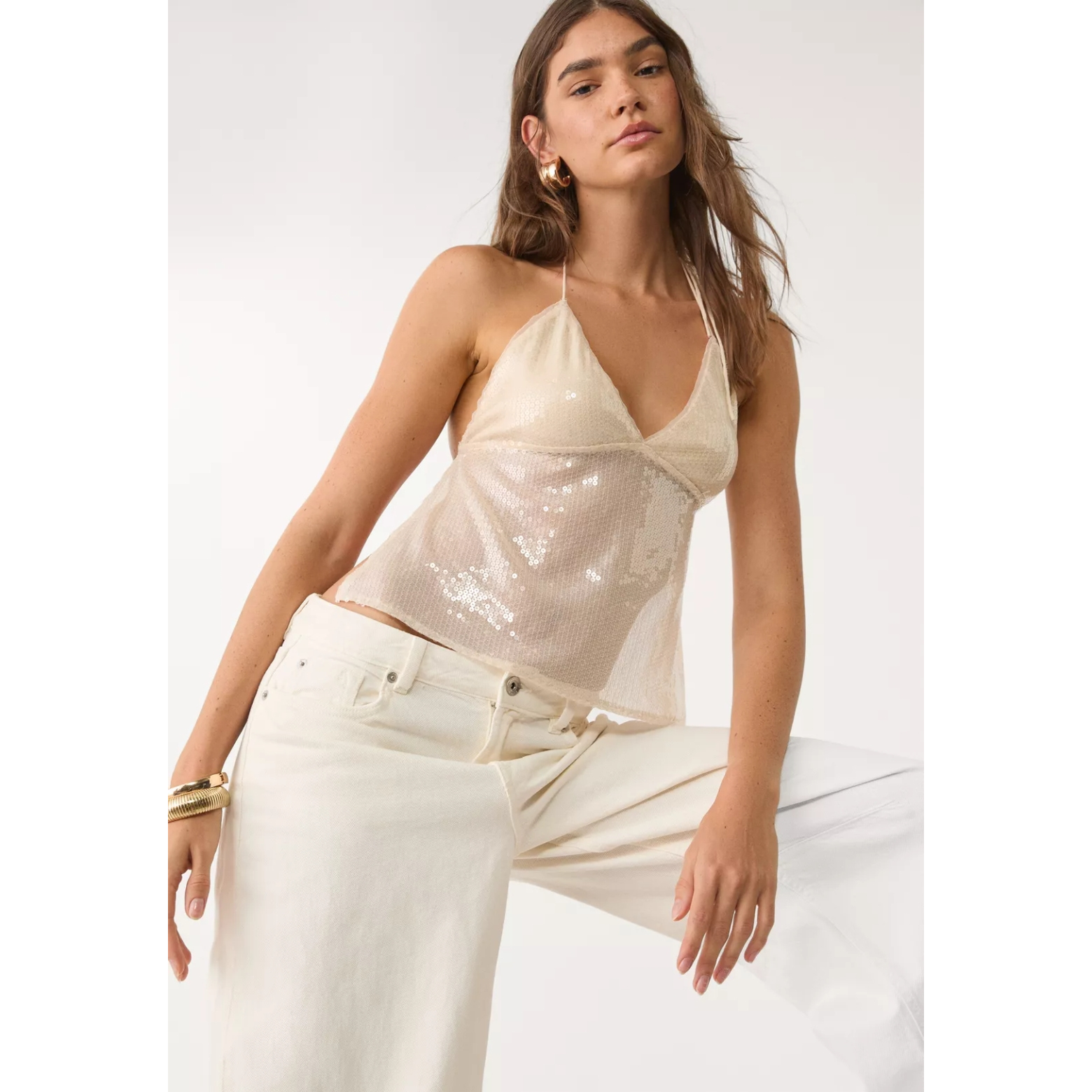 str@divarius 精致华美全网纱亮片嵌饰设计 全露背挂脖式绑带上衣