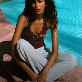 修身 25新款 纽扣挖孔细节挂脖短款 柔软仿真丝材质 背心上衣 cotton