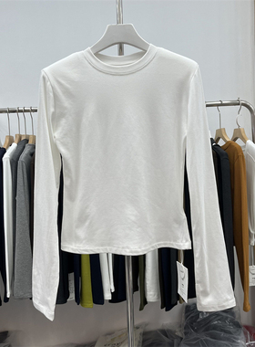 yaunxi元熙8323加绒垫肩圆领长袖T恤女白色修身内搭打底衫上衣冬