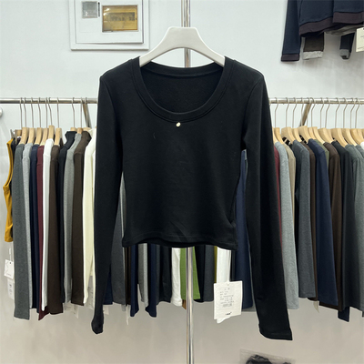 YUANXI元熙3106加绒2025冬季亮片U领修身内搭长袖打底衫女短款T恤