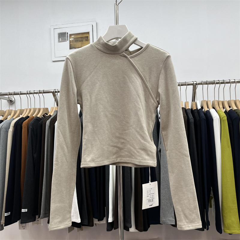 yuanxi元熙8336半高领加绒长袖挂脖T恤女加厚修身打底衫内搭上衣