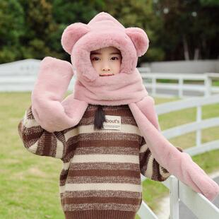 儿童帽子冬季女童围巾一体帽男童宝宝围脖手套三件套男孩防风护耳