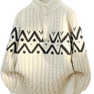 立领毛衣男秋冬季2025新款加厚保暖宽松纽扣毛线衣青少年针织衫