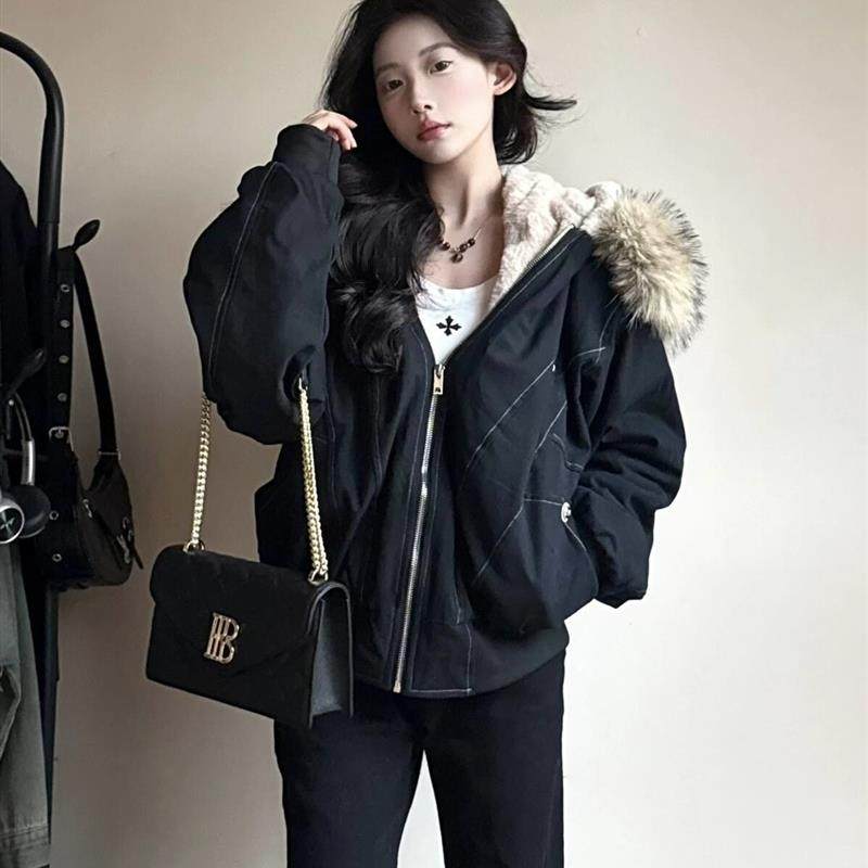 国潮座山雕大毛领棉服女2025冬季派克服宽松加厚加绒短款工装外套