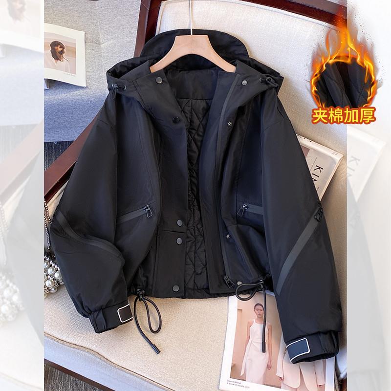 黑色派克服棉服女款2026新款冬季短款巨好看的工装冲锋衣夹棉外套图片