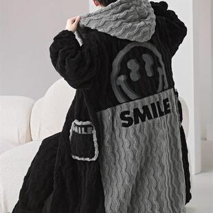 珊瑚绒秋冬男睡衣羊毛衬里加厚长睡袍加肥特大号150kg法兰绒睡袍