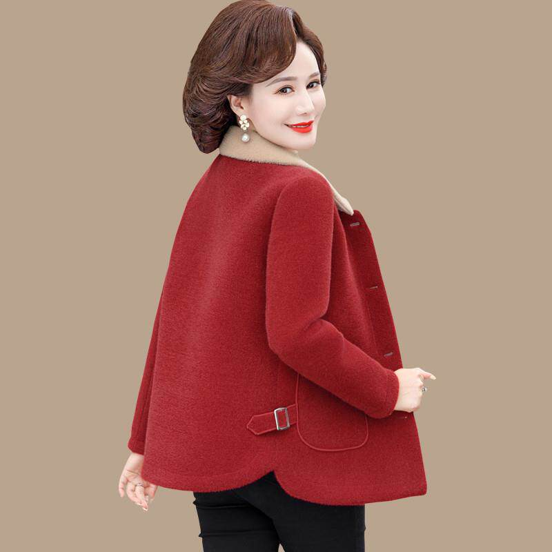 妈妈春装水貂绒外套短款小个子秋冬新款中老年女洋气毛呢加绒上衣