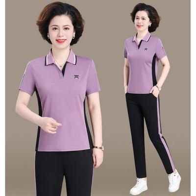 中年妈妈夏装2025新款短袖T恤上衣薄款中老年运动服套装女两件套